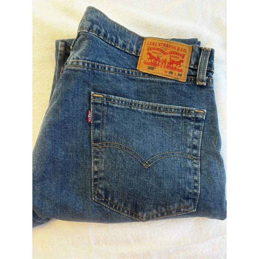 Levis 505‎ Jeans Mens 38x34 Blue Medium Wash Stretch Straight Denim Workwear